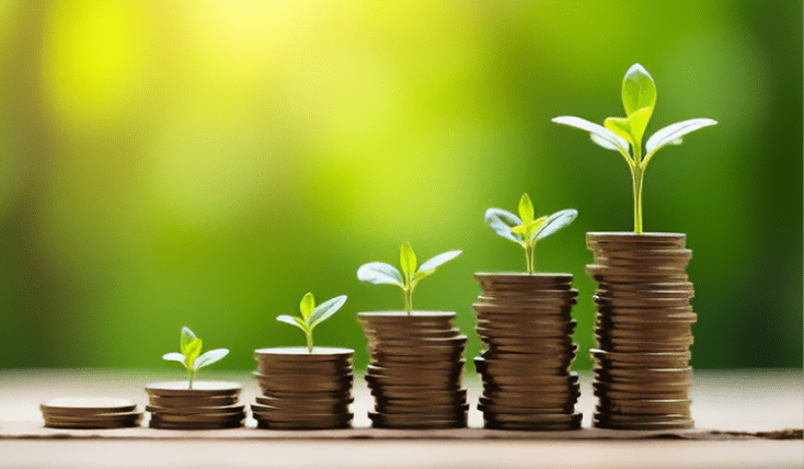 退職金制度をイメージした積み上がるコインと植物